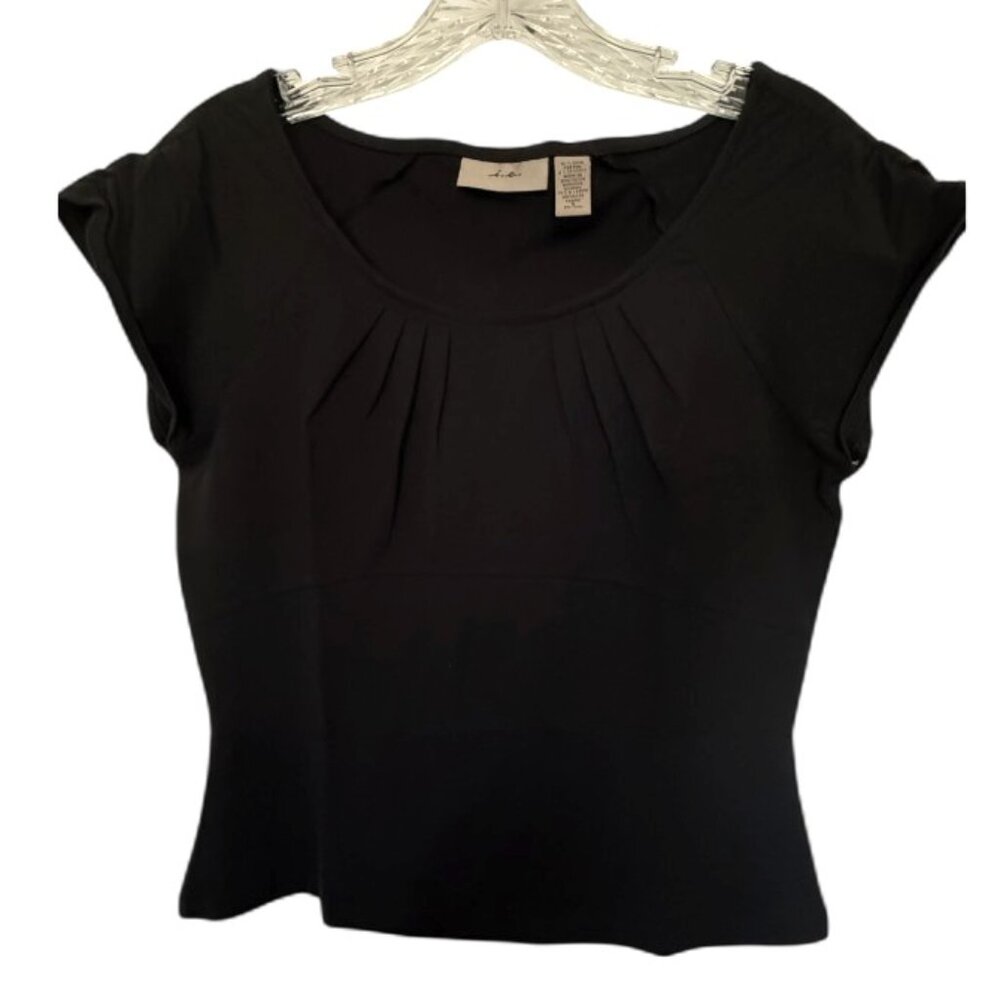 BLACK TOP Cap Sleeves Pleated Neckline Empire Waist Stretch Knit Casual